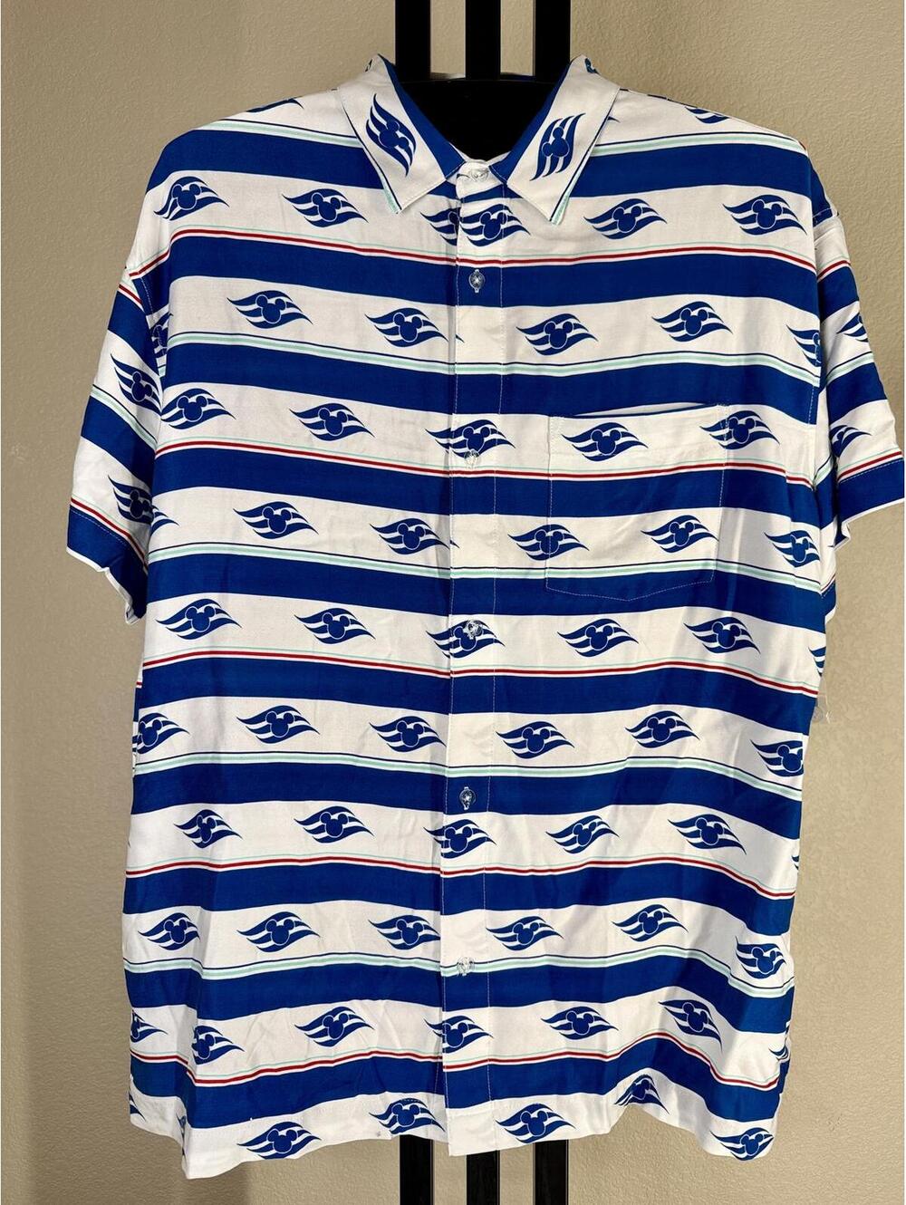 Disney Cruise Line Mickey Wave Camp Shirt Blue White Striped NWT XL